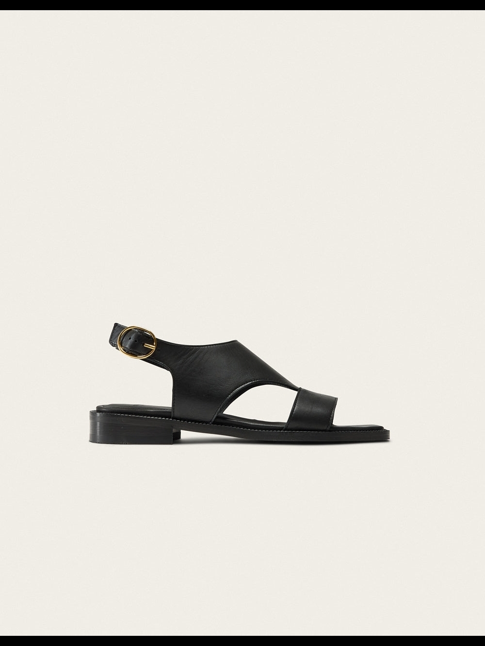 Black Leather Open-Toe Slingback Sandals with Gold Buckle